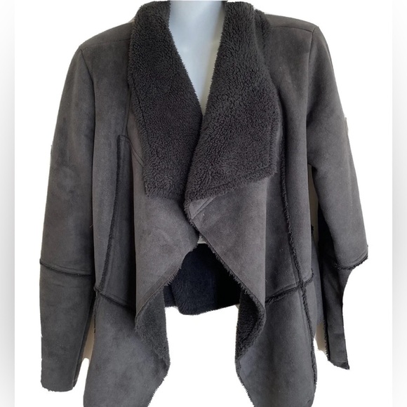 Prana Gray/Black Faux Suede shearling Lined Jacket Open Front draped townie XS/S - Picture 3 of 11